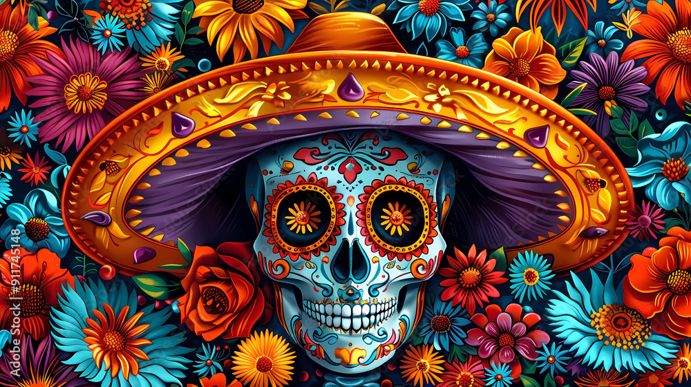 Fototapeta premium Day of the Dead, sugar skull wearing a sombrero with vibrant florals. 