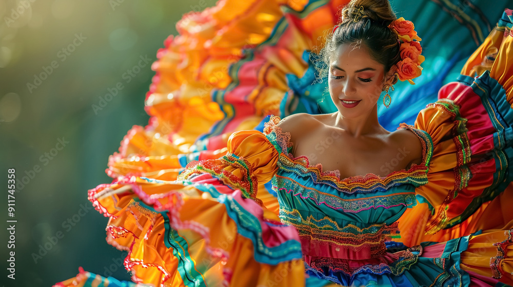 Fototapeta premium Mature Spanish woman in traditional Hispanic costumes in Heritage carnival. Hispanic Heritage month.