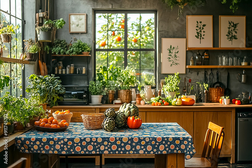 Cozy kitchen in a rustic style with a table with fresh vegetables and herbs. Comfort and nostalgic atmosphere. Gardencore photo