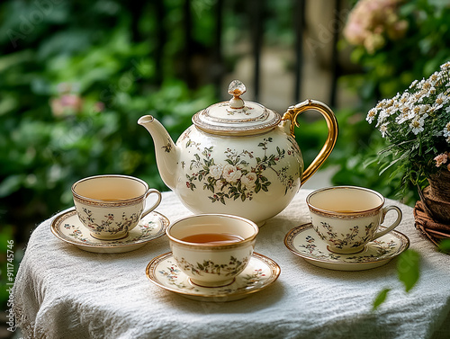 Vintage tea set on a table in the garden. Drinking tea in the fresh air and relaxing. Comfort and nostalgic atmosphere. Gardencore photo