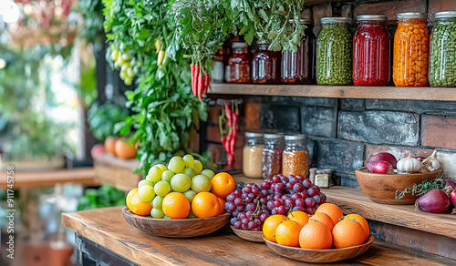 Cozy kitchen in a rustic style with a table with fresh vegetables and herbs. Comfort and nostalgic atmosphere. Gardencore photo