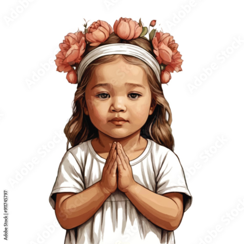 adorable little baby praying adorned with pink natural flower vector avatar illustration 