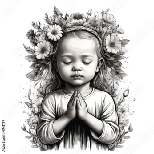 adorable little baby adorned with natural flower black and white vector avatar illustration 