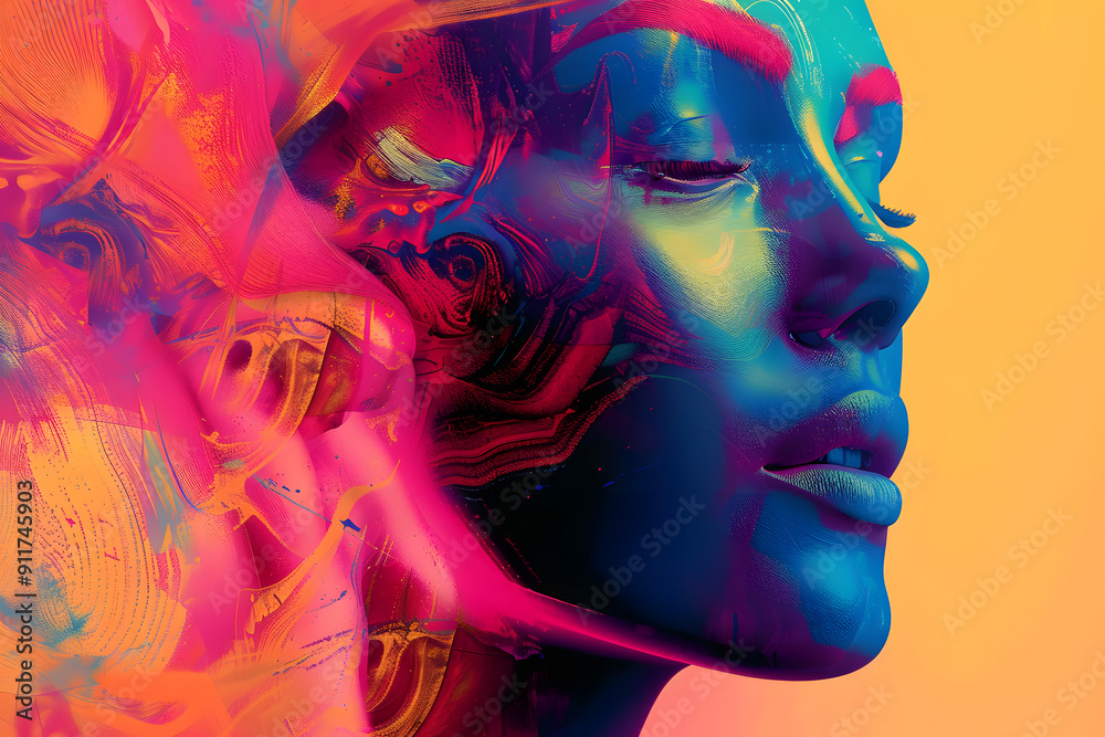 A woman's face is shown in a colorful, abstract style A woman's face is shown in a colorful, abstract style