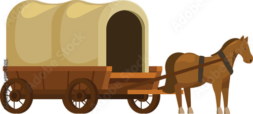 Brown horse pulling covered wagon on white background