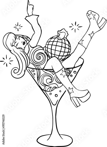 Disco girl 70s in Martini glass holding disco ball. Celebration icon. Bachelorette disco party illumination.