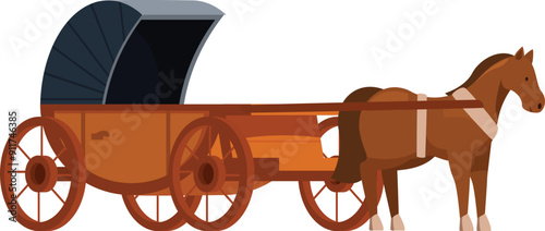 Brown horse standing still harnessed to covered wagon, carriage, stagecoach or coach
