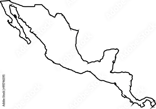Mexico map with country borders, thin black outline on white background. High-detailed vector map with counties/regions/states - Mexico. contour, shape, outline, on white.
