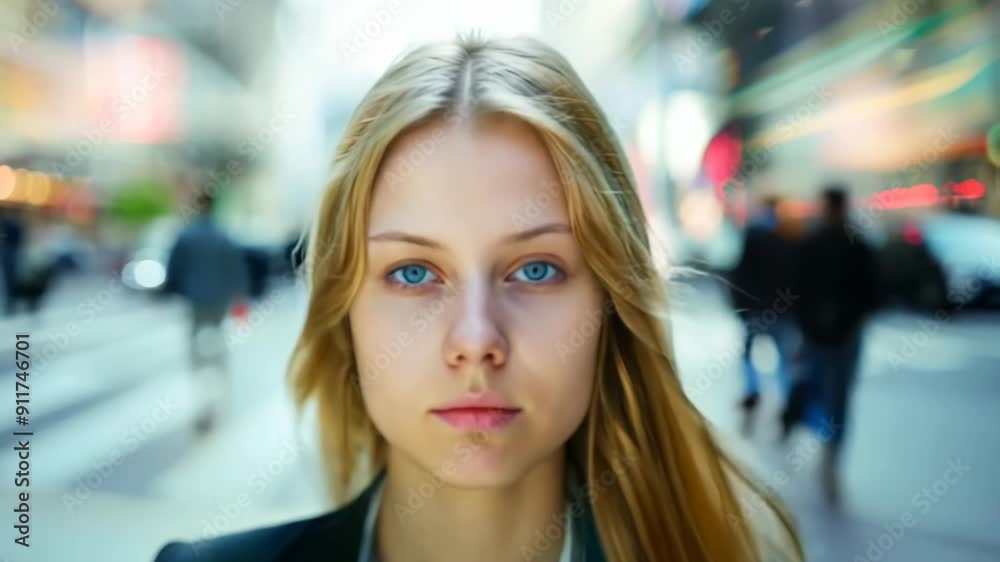 A striking young woman with long blonde hair and piercing blue eyes walks confidently through a lively urban setting at dusk A striking young woman with long blonde hair and piercing blue eyes walks confidently through a lively urban setting at dusk