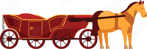 Brown horse standing still, harnessed to a red carriage, isolated on a white background