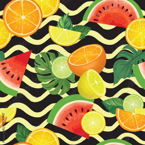 Fresh fruits summer seamles pattern. Fresh orange, lemon, citron, watermelon, lime sliced pieces ovwer water waves sea pattern. Vector colorful food drawing background with fruits.