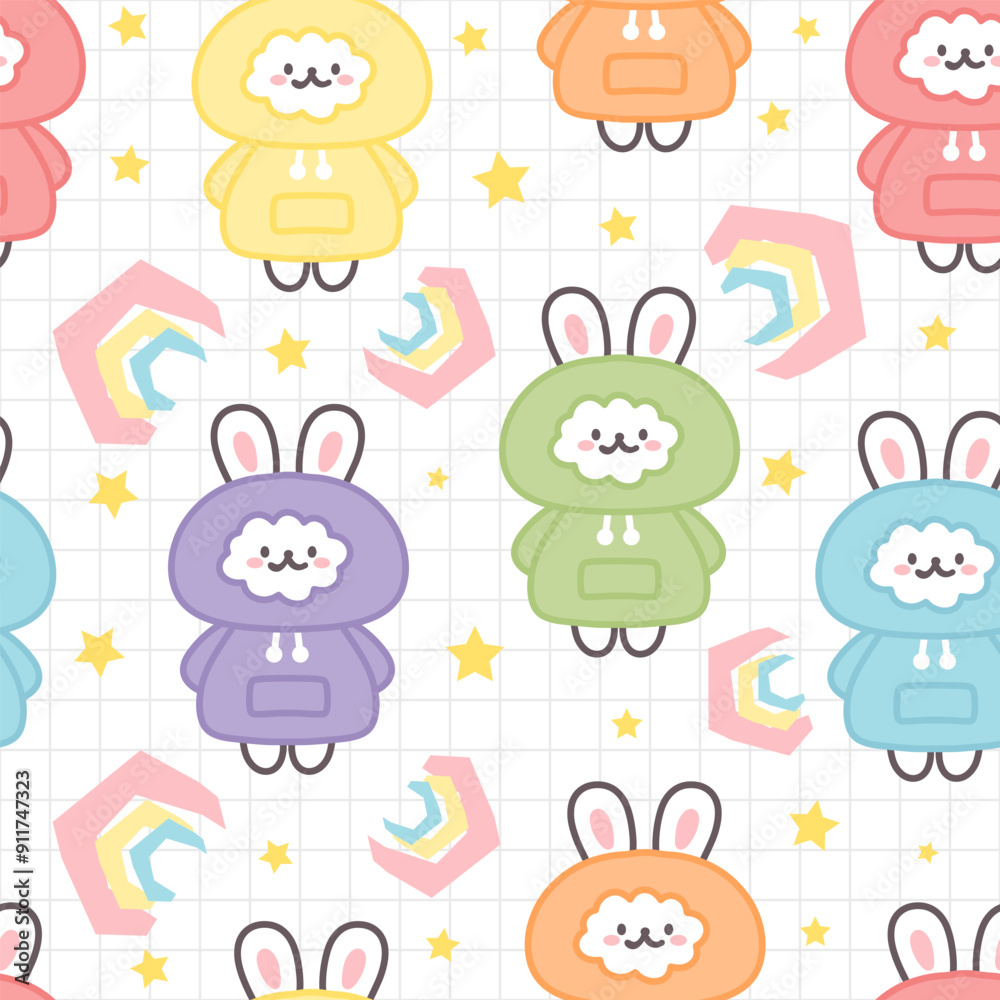Obraz premium Cute colorful doodle han drawn bunny, greenn, yellow, violet, blue, pink hoodie, stars in the sky with rainbows. Kids seamless pattern background.