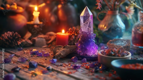 Mystical scene of a crystal wand and spell ingredients, ready for a witch to perform a powerful ritual and summon magical forces