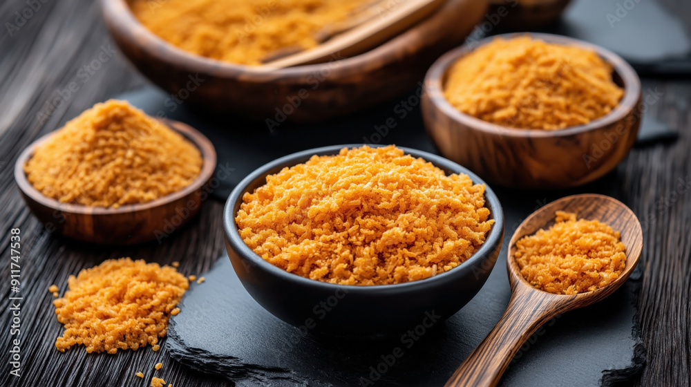 Traditional Brazilian food Farofa, a toasted cassava flour mixture. The image showcases bowls and a spoon filled with the golden, crumbly Farofa. Traditional Brazilian food Farofa, a toasted cassava flour mixture. The image showcases bowls and a spoon filled with the golden, crumbly Farofa.