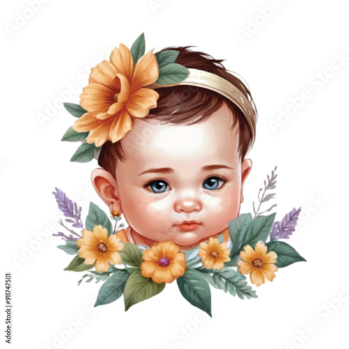 adorable little baby girl adorned with yellow natural flower vector avatar illustration 