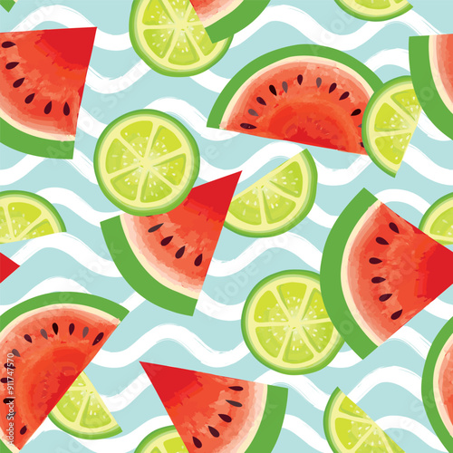 Fruits summer seamless pattern. Fresh watermelon, lime, mint sliced pieces. Vector colorful background with fruits.