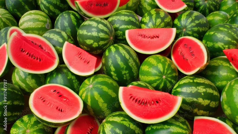 A large pile of watermelon slices with some cut in half, AI A large pile of watermelon slices with some cut in half, AI
