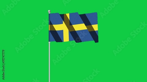 4K SWEDEN flag old animation with pole waving on chroma key green screen