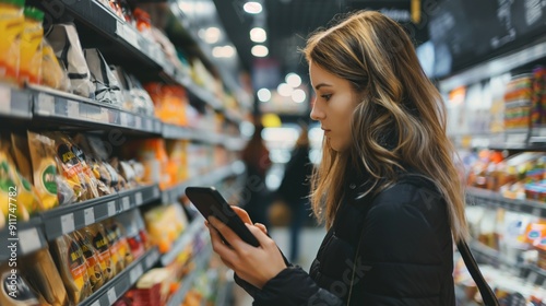 A young woman browses products in a grocery store aisle, focused on her smartphone, surrounded by shelves filled with various packaged goods