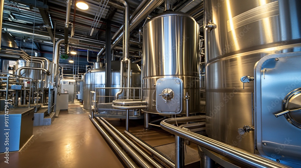 A spacious brewing facility showcasing large stainless steel tanks and intricate piping systems, highlighting the brewing process in a contemporary industrial setting