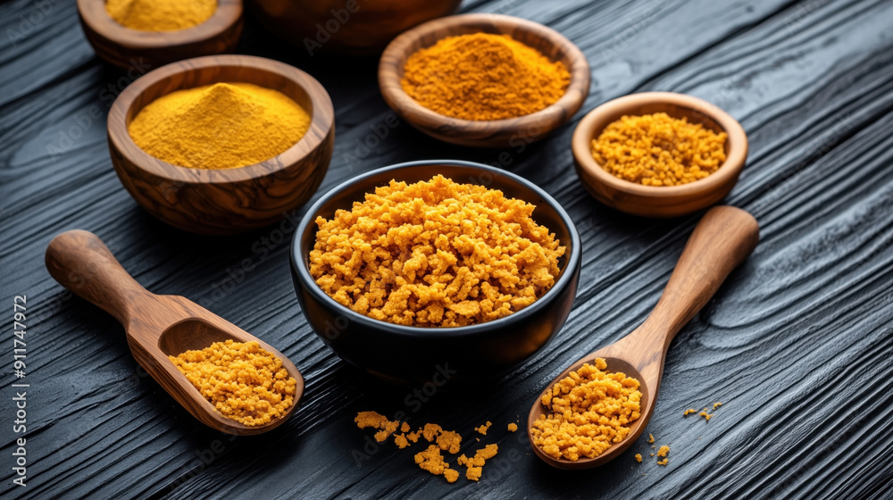 Various wooden bowls and scoops filled with turmeric in different forms, including ground powder and coarse chunks, placed on a dark textured surface. Various wooden bowls and scoops filled with turmeric in different forms, including ground powder and coarse chunks, placed on a dark textured surface.