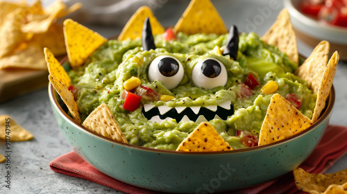Guacamole served as monster with nachos. Halloween party dish.