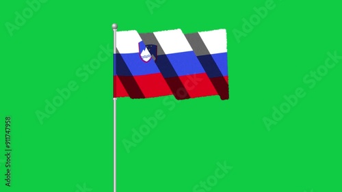 4K SLOVENIA flag old animation with pole waving on chroma key green screen