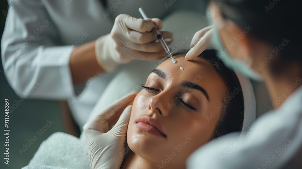 Aesthetician administers a facial injection to a relaxed client, ensuring precision and comfort in a contemporary clinic environment Aesthetician administers a facial injection to a relaxed client, ensuring precision and comfort in a contemporary clinic environment