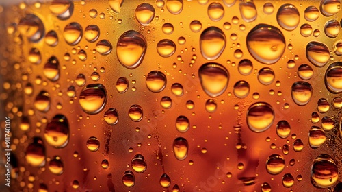 A refreshing carbonated drink is captured with droplets glistening on the glass, illuminated by warm light, highlighting its fizzy texture and enticing color