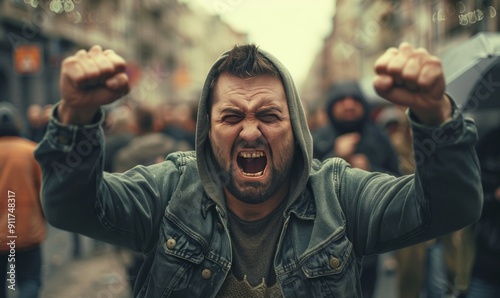 A furious protester amidst chaotic streets, shouting slogans with clenched fists, illustrating righteous anger and defiance in a political rally