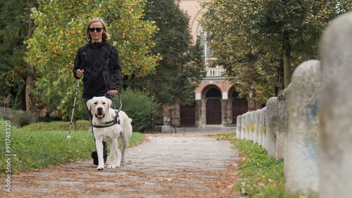 Canvas-taulu Visually impaired woman walking along city park with a guide dog assistance