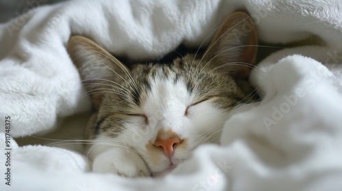 A tabby cat peacefully sleeps nestled in soft blankets, displaying contentment and comfort in a warm indoor setting