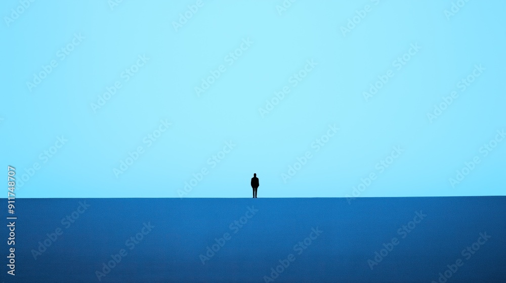 Fototapeta premium A lone person stands on a flat surface, gazing out at the vast blue horizon, with the atmosphere evoking feelings of tranquility and contemplation during dusk