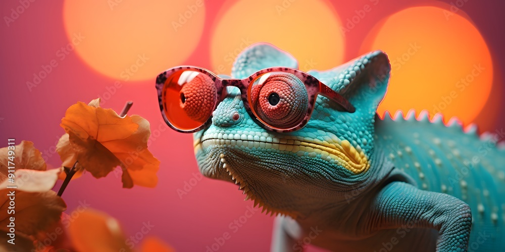 chameleon wearing sunglasses on a solid color background, Cool chameleon wearing sunglasses