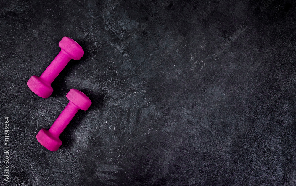 Training, fitness and dumbbell with workout in studio for strength exercise, resistance and routine. Top view, weights and black background with equipment for bodybuilding, health and wellness