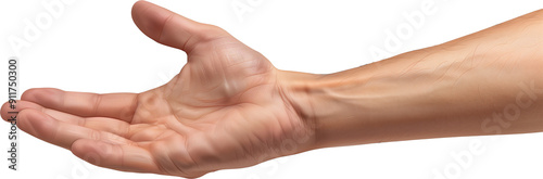 A man's hand outstretched, isolated from a transparent white background