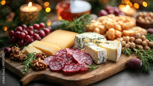 Cheese plate with slices of pancetta and grapes.