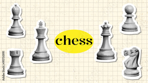 chess pieces set concept template design with retro grunge halftone dotted collage elements on vintage paper noise texture background