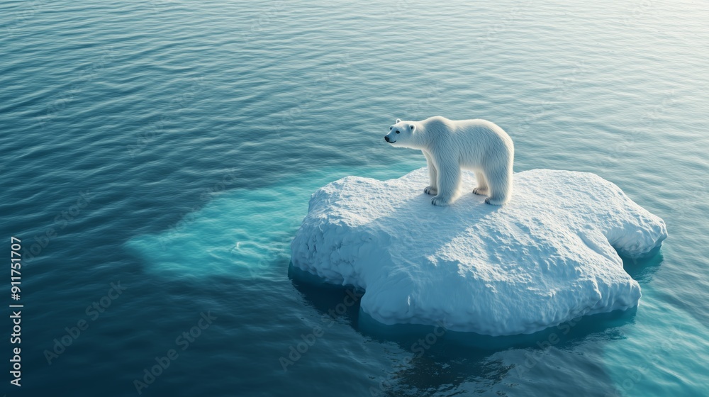 Fototapeta premium Polar bear melting ice representing sustainability climate change in sea caps small iceberg open ocean hidden depth