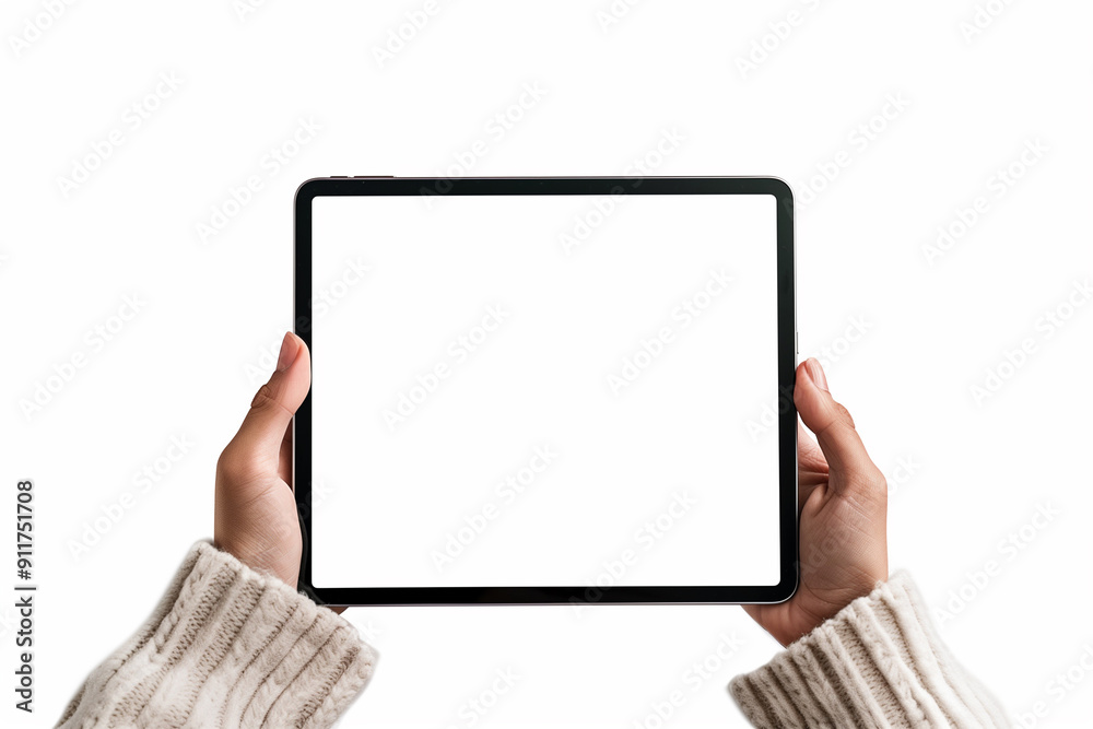 A man's hand using a tablet with the white screen, isolated from the background, graphic resource to replace A man's hand using a tablet with the white screen, isolated from the background, graphic resource to replace