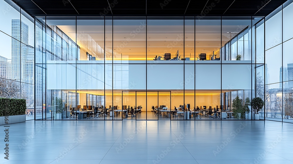 White blank wall in a modern office interior with glass doors and windows, mockup template, banner White blank wall in a modern office interior with glass doors and windows, mockup template, banner