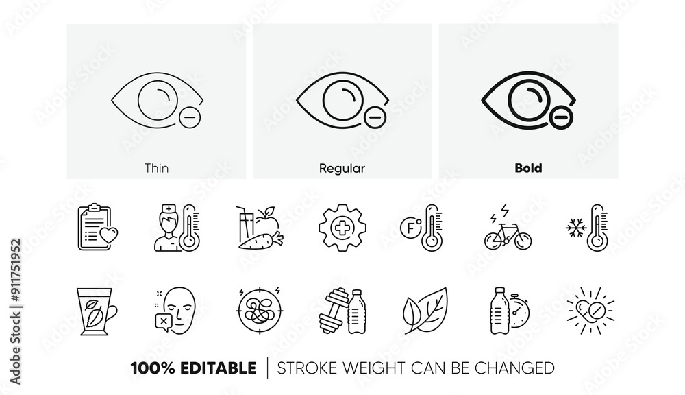 Dumbbell, Mint leaves and Thermometer line icons. Pack of Face declined, Low thermometer, Patient history icon. Fitness water, Juice, Myopia pictogram. Medicine, E-bike, Medical drugs. Vector Dumbbell, Mint leaves and Thermometer line icons. Pack of Face declined, Low thermometer, Patient history icon. Fitness water, Juice, Myopia pictogram. Medicine, E-bike, Medical drugs. Vector