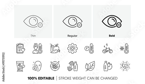 Dumbbell, Mint leaves and Thermometer line icons. Pack of Face declined, Low thermometer, Patient history icon. Fitness water, Juice, Myopia pictogram. Medicine, E-bike, Medical drugs. Vector