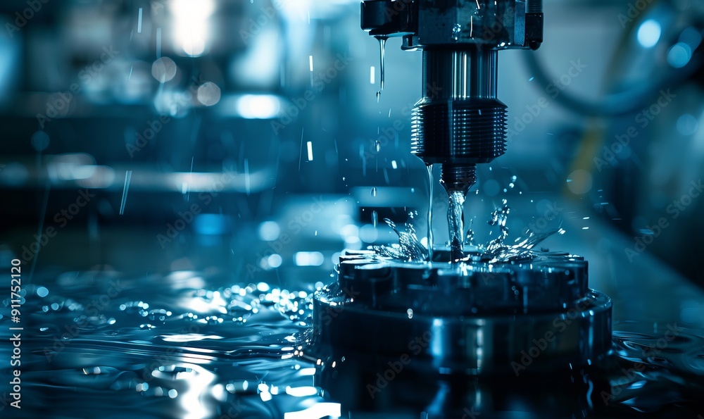 Banner industry CNC, cutting process milling machine working injection mold part by mill tool, blue light toning Banner industry CNC, cutting process milling machine working injection mold part by mill tool, blue light toning