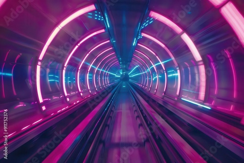 futuristic subway train speeding through neonlit tunnel blur of motion cyberpunk aesthetic vibrant pink and blue lighting