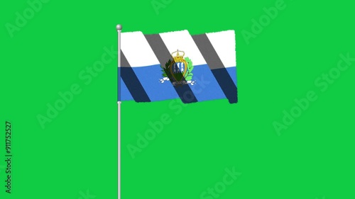 4K SAN MARINO flag old animation with pole waving on chroma key green screen