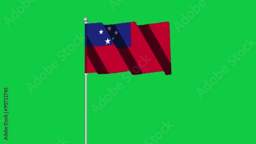 4K SAMOA flag old animation with pole waving on chroma key green screen