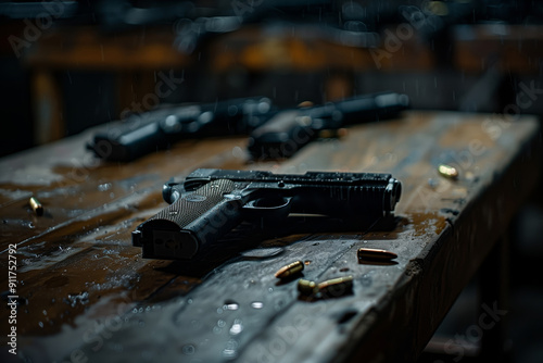 Exploring Precision and Power: Pneumatic and Firearms on a Wooden Table at Dusk photo