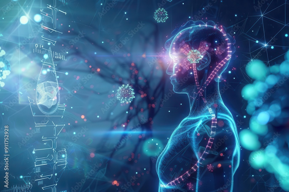 futuristic visualization of immunotherapy process within human body glowing immune cells targeting disease surrounded by abstract representations of dna and cellular structures