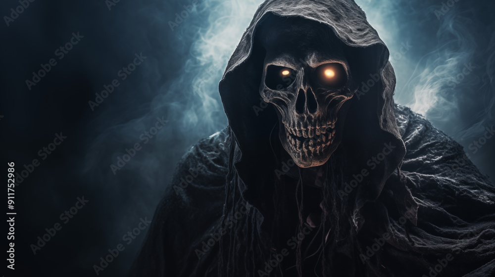 Grim Reaper With Glowing Eyes Amidst A Smoky Blue Haze Grim Reaper With Glowing Eyes Amidst A Smoky Blue Haze